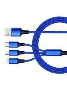 1pc 3A Braided One Drag Three For I.Phone 16/16pro/16pro Max/16plus/15/15pro/15plus/15promax Android Type-C Charging Cable 1.2m Charging Cable 3in1 Black Silver Red Golden Blue - Blue - View 1