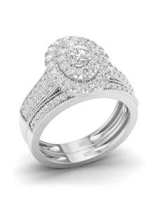 2 cái/bộ Đúng mốt Thanh lịch Sang trọng Nhẫn cưới Bộ Với 925 sterling bạc Và Màu vàng Zirconia Đối với Hoàn hảo Cho đám cưới , Hôn ước , Ngày kỷ niệm , Và Trang sức cô dâu - Bạc - Xem 1