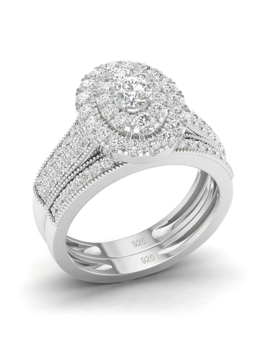 2 cái/bộ Đúng mốt Thanh lịch Sang trọng Nhẫn cưới Bộ Với 925 sterling bạc Và Màu vàng Zirconia Đối với Hoàn hảo Cho đám cưới , Hôn ước , Ngày kỷ niệm , Và Trang sức cô dâu - Bạc - Xem 1