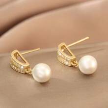 1 對銅雙排微鑲嵌氧化鋯和人造珍珠耳釘,情人節和母親節的完美禮物,適合女士日常佩戴 - 金黃色 - 查看 5