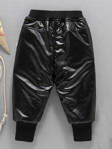 1 件冬季加厚保暖男童 PU 皮裤 - 黑色 - 查看 5