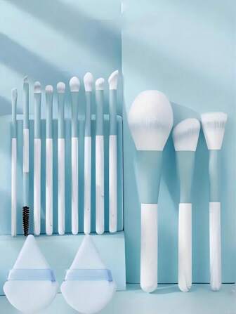 طقم 12 فرشاة مكياج و2 إسفنجة مكياج، فرش مكياج محترفة فائقة الناعمة والمحمولة للأساس والروج والخلط ومكياج العين، مع إسفنجات مكياج (للمدرسة)