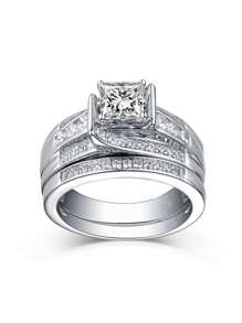 2pcs/Set Fashionable Elegant Luxury Wedding Rings Made Of 925 Sterling Silver & Cubic Zirconia With Gold-Color Plating, Ideal For Women On Engagement, Wedding, Anniversary And Festive Occasions Bridal Jewelry
