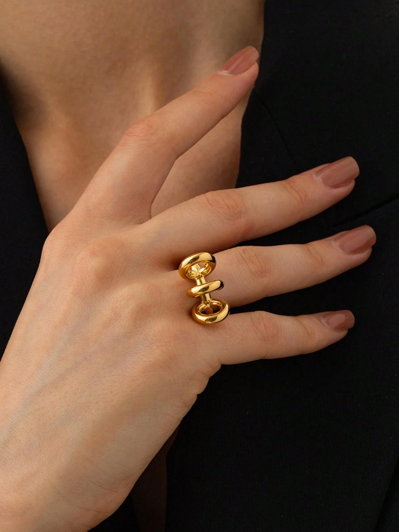Shein Rring Gold 1pc 18k Gold Plating Steel Design Knotted Earring Ring Combination ...