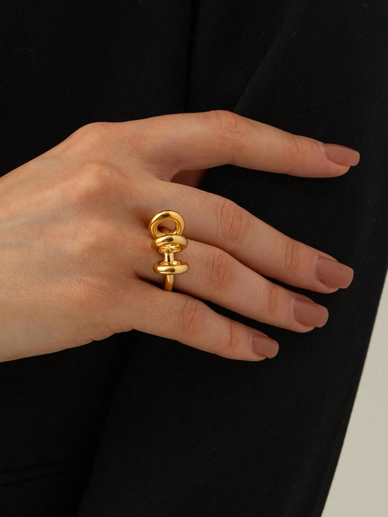 Shein Rring Gold 1pc 18k Gold Plating Steel Design Knotted Earring Ring Combination ...