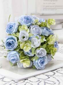 1 Bouquet Of Artificial Rose And Peony Flowers With Country Style For Outdoor Wedding Home Decoration, Bridal Bouquet, Valentine Gift - Mina Wild Roses - Blue - View 2