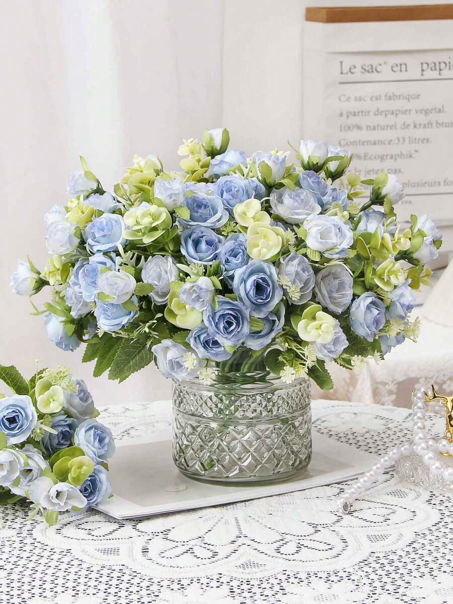 1 Bouquet Of Artificial Rose And Peony Flowers With Country Style For Outdoor Wedding Home Decoration, Bridal Bouquet, Valentine Gift - Mina Wild Roses - Blue - View 1