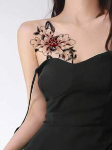 臨時紋身貼紙,1張牡丹和蛇紋圖案防水性感肩&大腿身體藝術貼花,非常適合女性和少女 - 黑色 - 查看 1