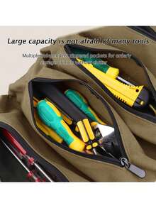 1入組超級捲起式工具包,多用途捲起式工具袋、板手捲、帆布工具組織桶、汽車急救包包裝捲、掛式工具拉鍊攜帶袋、汽車露營裝備 - 卡其色 - 查看 4