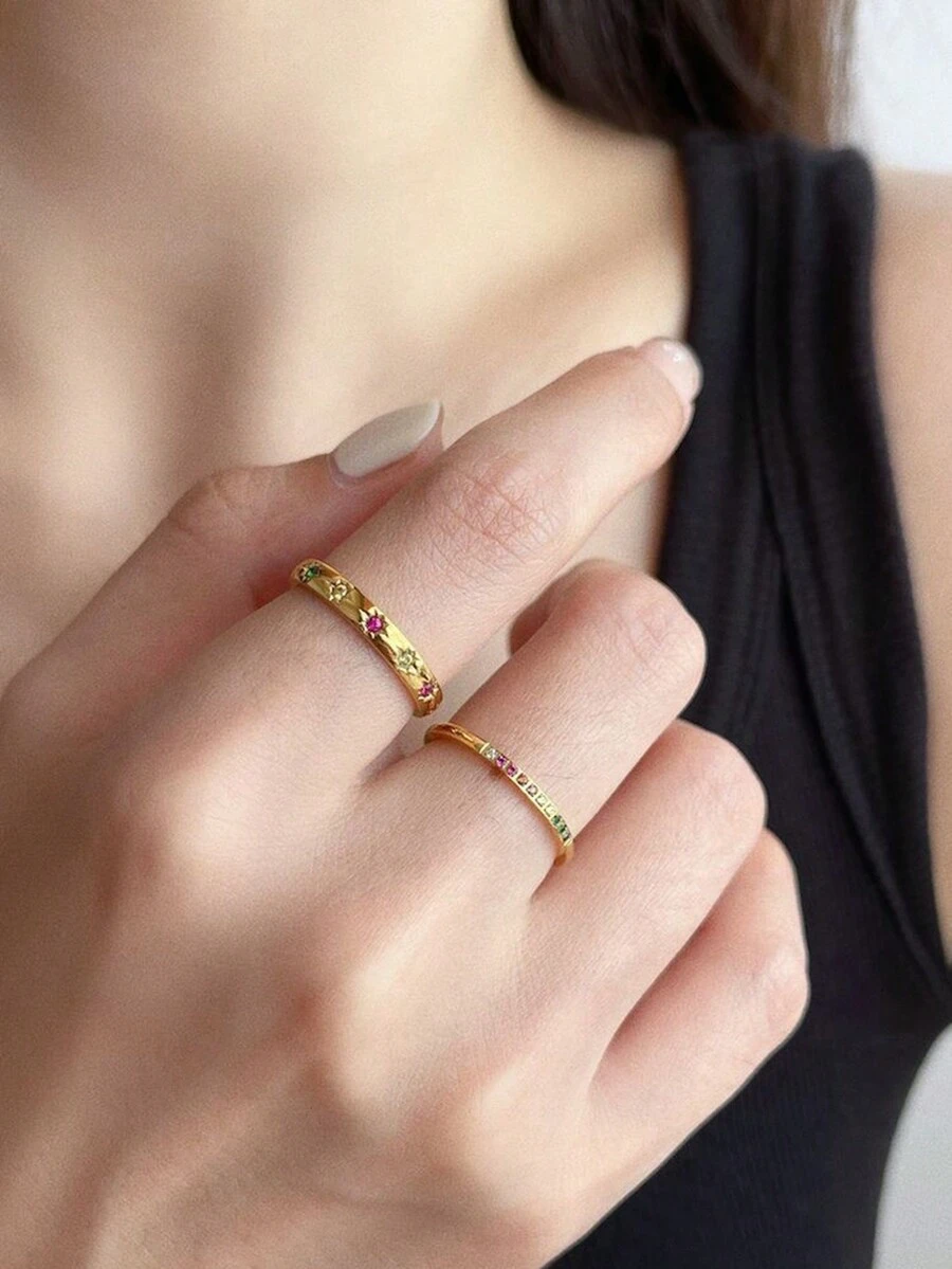 2pcs/Set Crescent Moon & Star Design Copper Ring With Colorful Cubic Zirconia Stone, Fashionable Couple Rings For Ins - Diamond - View 1