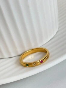 2pcs/Set Crescent Moon & Star Design Copper Ring With Colorful Cubic Zirconia Stone, Fashionable Couple Rings For Ins - Diamond - View 4