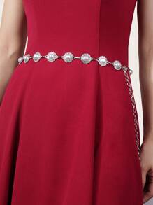 1pc Women's Elegant & Sweet Pearl & Rhinestone Decor Metal Chain Waist Belt, Suitable For Daily Wear With Dresses - White - View 1