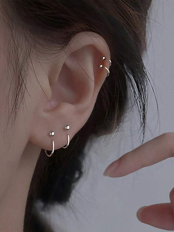 1 Pair S925 Sterling Silver Bead Cartilage Earrings, Minimalist Small Hoop Earrings For Men And Women, Daily Wear