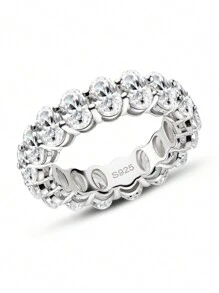 XUJIA 1入組全面6x4mm橢圓形切方晶鋯石充分永恆帶適合女士925純銀方晶鋯石週年紀念日婚戒戒指首飾類禮物