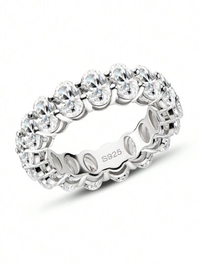 XUJIA 1入組全面6x4mm橢圓形切方晶鋯石充分永恆帶適合女士925純銀方晶鋯石週年紀念日婚戒戒指首飾類禮物