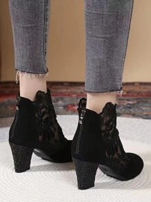 时尚网眼高跟靴，刺绣蕾丝粗跟女士网靴