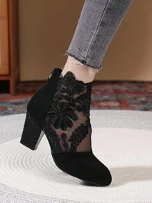 时尚网眼高跟靴，刺绣蕾丝粗跟女士网靴