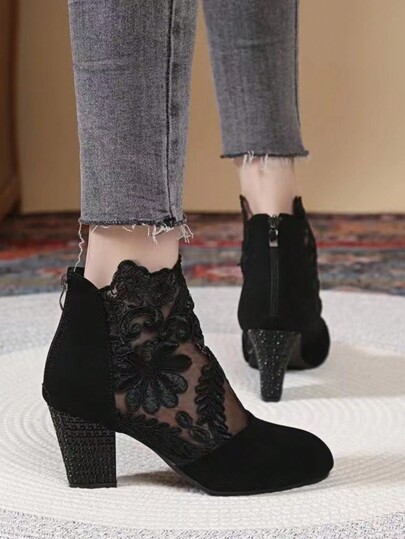 Fashionable Net Mesh High Heel Boots, Embroidered Lace Thick Heel Ladies Net Boots