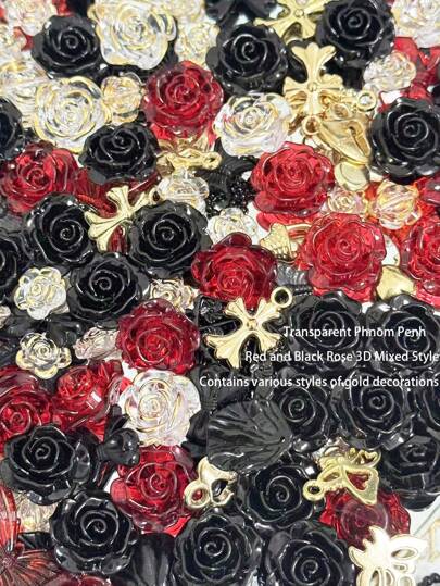A Bag Of 70g Transparent Gold Edged Black And Red Three-Dimensional Rose Mixed Series, Which Can Be Made From Handcrafted Bracelets, Phone Cases, Necklaces, Jewelry, Earrings, Decorative Brochures, Props, Shooting Decorations, Decorative Cards, And More.