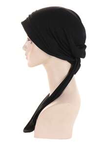 1 件纯色女士新款水晶亚麻四条纹长尾头巾帽、化疗帽、穆斯林头饰 - 黑色 - 查看 2