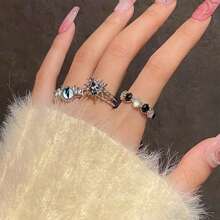 3入組時尚珠寶套裝-優雅奢華的分層鑲鑽心形和花卉圖案可調節戒指,適用於女性的日常穿著 - 彩色 - 查看 1