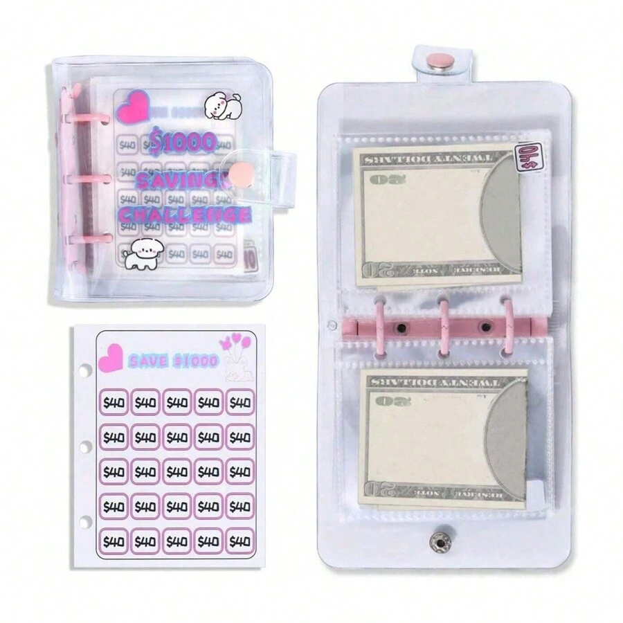 100 個節省挑戰信封和優惠券收納袋,帶層壓 5050 美元追蹤表和預先編號的口袋 - 無色 - 查看 1