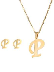 3 件/套不锈钢镀 18K 黄金首饰套装带耳钉字母吊坠耳环和项链女士复古首饰套装情人节礼物 - 金黃色 - 查看 10