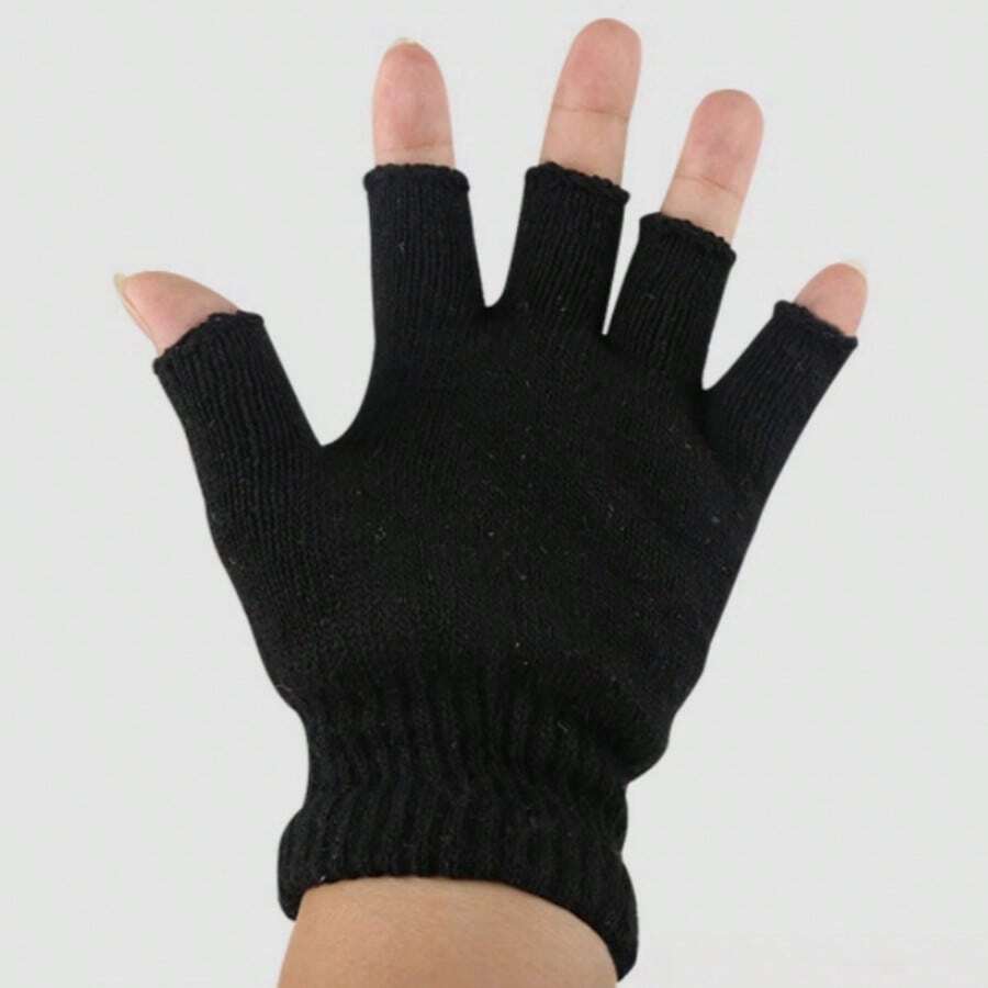 1 Pair Of Men's Black Knitted Thin Half-Finger Gloves Spring And Summer Elastic Cuffs Labor Protection Handling Anti-Slip Wear-Resistant Work Gloves Daily Leisure - Black - View 1