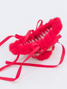 1 件青少年女孩農曆新年和聖誕節紅色髮飾,秋冬帶毛絨刺繡兔子和流蘇,4.5 英寸中號髮夾 - 紅色 - 查看 6