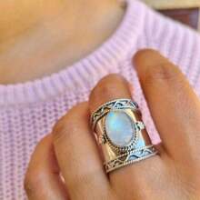 1個波希米亞風格復古寬合成寶石925純銀戒指,男女時尚婚禮訂婚戒指,非常適合作為周年紀念、生日和聖誕禮物派對 - 白色 - 查看 1