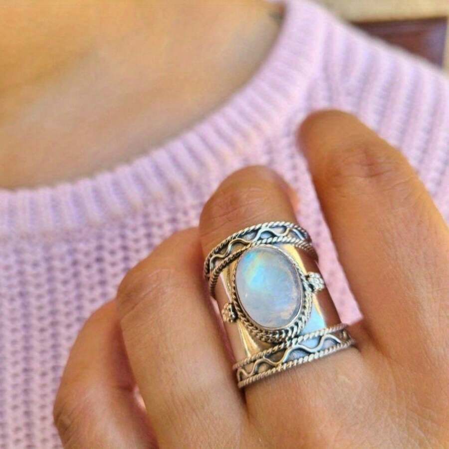 1個波希米亞風格復古寬合成寶石925純銀戒指,男女時尚婚禮訂婚戒指,非常適合作為周年紀念、生日和聖誕禮物派對 - 白色 - 查看 1