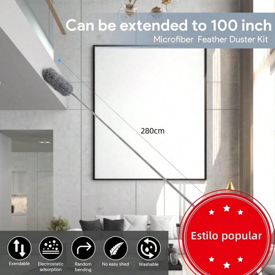 Chicken Feather Duster, Electrostatic Dust Removal Brush With Extended Handle For Cleaning High Places Such As Ceilings And Gaps At Home - Grey - View 1