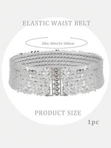 1 Miếng Của phụ nữ Rộng Sáng bóng Eo Thắt lưng Với Dây đeo đàn hồi , Kim sa Nút kim loại Thắt lưng - Bạc - Xem 2