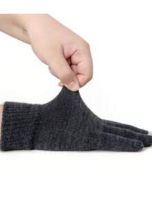 1pc Black/Gray Knitted Warm Men's Velvet Thickened Cycling Winter Gloves - Grey - View 5