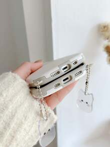 最新款米色貓耳紋TPU防震殼，帶透明貓吊飾，適用於iPhone - 米色 - 查看 5