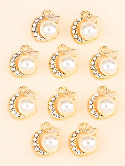 10入組金色甜美可愛星月假珠鋅合金吊墜,適用於diy項鍊或耳環
