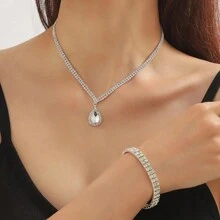 1套經典時尚優雅的水滴形項鍊,耳環和手鐲套裝,鑲有水晶鑽,適合各種派對和日常穿著 - 銀色 - 查看 2