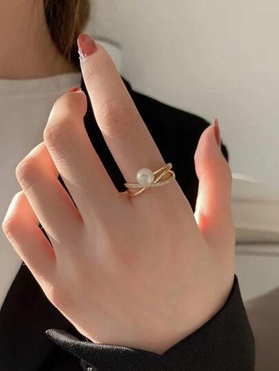 1pc Mori Style Fashionable Personalized Micro-Inlaid Zirconia & Faux Pearl Adjustable Open Ring