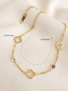 TONSI 1件18K镀金时尚优雅镂空四叶草手链，镶嵌人造锆石，钛钢材质，镀18K金，低过敏性钛钢材质，适合女性日常聚会、派对和节日场合佩戴。 - 彩色 - 查看 4