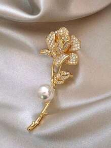 1pc Elaborate & Delicate Rose & Tulip Shaped Brooch With Rhinestone & Faux Pearl Decoration - Yellow Gold - View 6