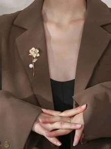 1pc Elaborate & Delicate Rose & Tulip Shaped Brooch With Rhinestone & Faux Pearl Decoration - Yellow Gold - View 7