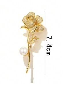 1pc Elaborate & Delicate Rose & Tulip Shaped Brooch With Rhinestone & Faux Pearl Decoration - Yellow Gold - View 8