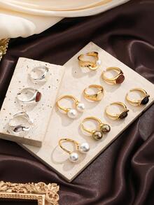 1只時尚精美奢華風格銅鑲嵌天然石巴洛克珍珠、鮑魚貝殼開放式戒指,適合派對、假期、休閒穿著 - 開口戒指 - 查看 1