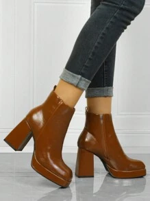 女款防滑純色方頭側拉鍊踝靴2023秋冬新款時尚pu皮革厚高跟厚底騎士靴 - 棕色 - 查看 3