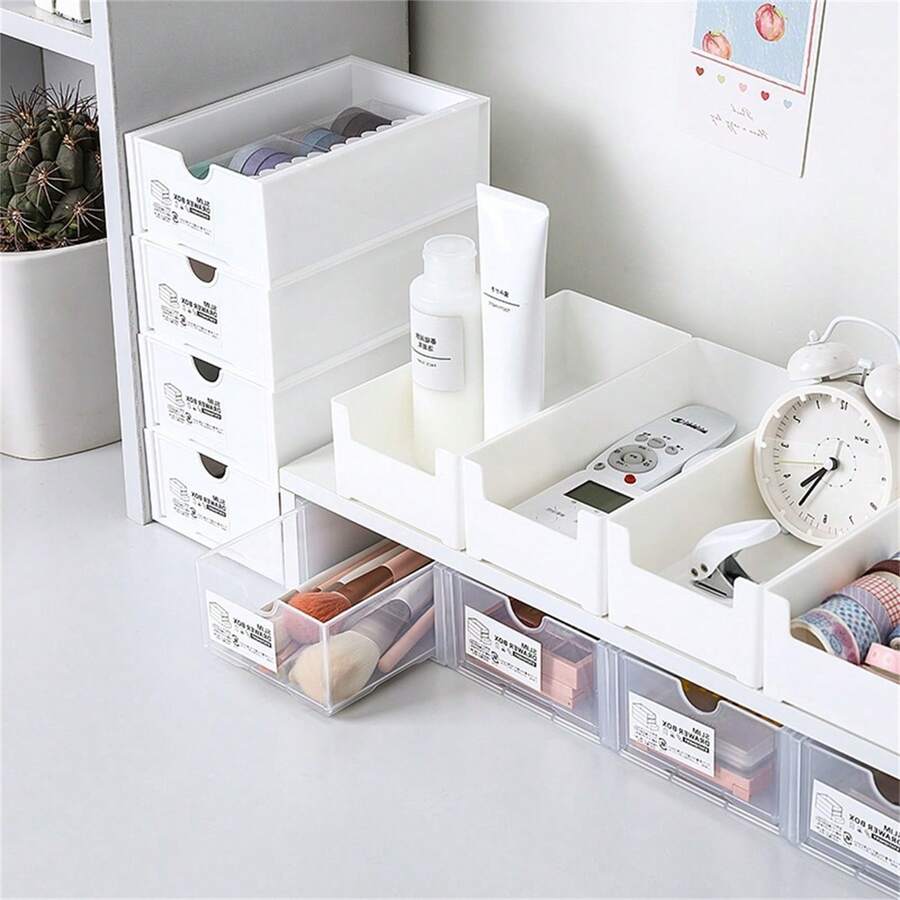 1pc Desktop Office Stationery Storage Box Makeup Organizer Shelf Drawer Type Storage Cabinet Small Object Sorting Box - White - View 1