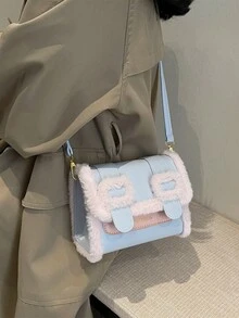 1 件時尚毛絨 Pu 斜挎包,優雅、精緻、奢華、華麗設計,非常適合通勤、旅行、情人節,簡單而別緻,大容量,適合女士冬季作為肩背包或斜挎包攜帶 - 藍色 - 查看 5