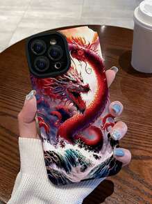 1入組藝術風繪畫紅龍防摔PU皮革手機殼，適用於蘋果iPhone - 彩色 - 查看 1