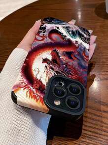 1入組藝術風繪畫紅龍防摔PU皮革手機殼，適用於蘋果iPhone - 彩色 - 查看 3
