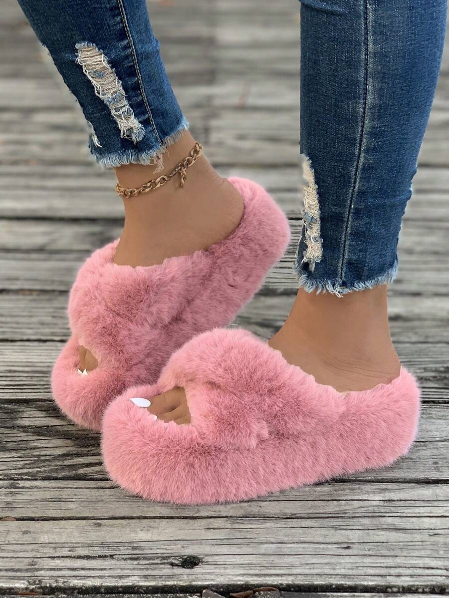 女士家居拖鞋厚底毛茸茸拖鞋軟底休閒鞋十字風格 - 粉色 - 查看 1