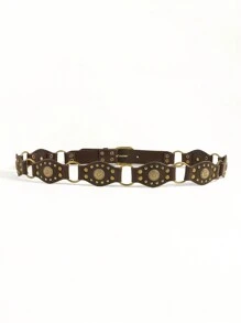 1 件时尚潮流复古美式拼接孔眼铆钉腰带，配朋克金属扣，可作装饰，搭配牛仔裙 - 咖啡 - 查看 9